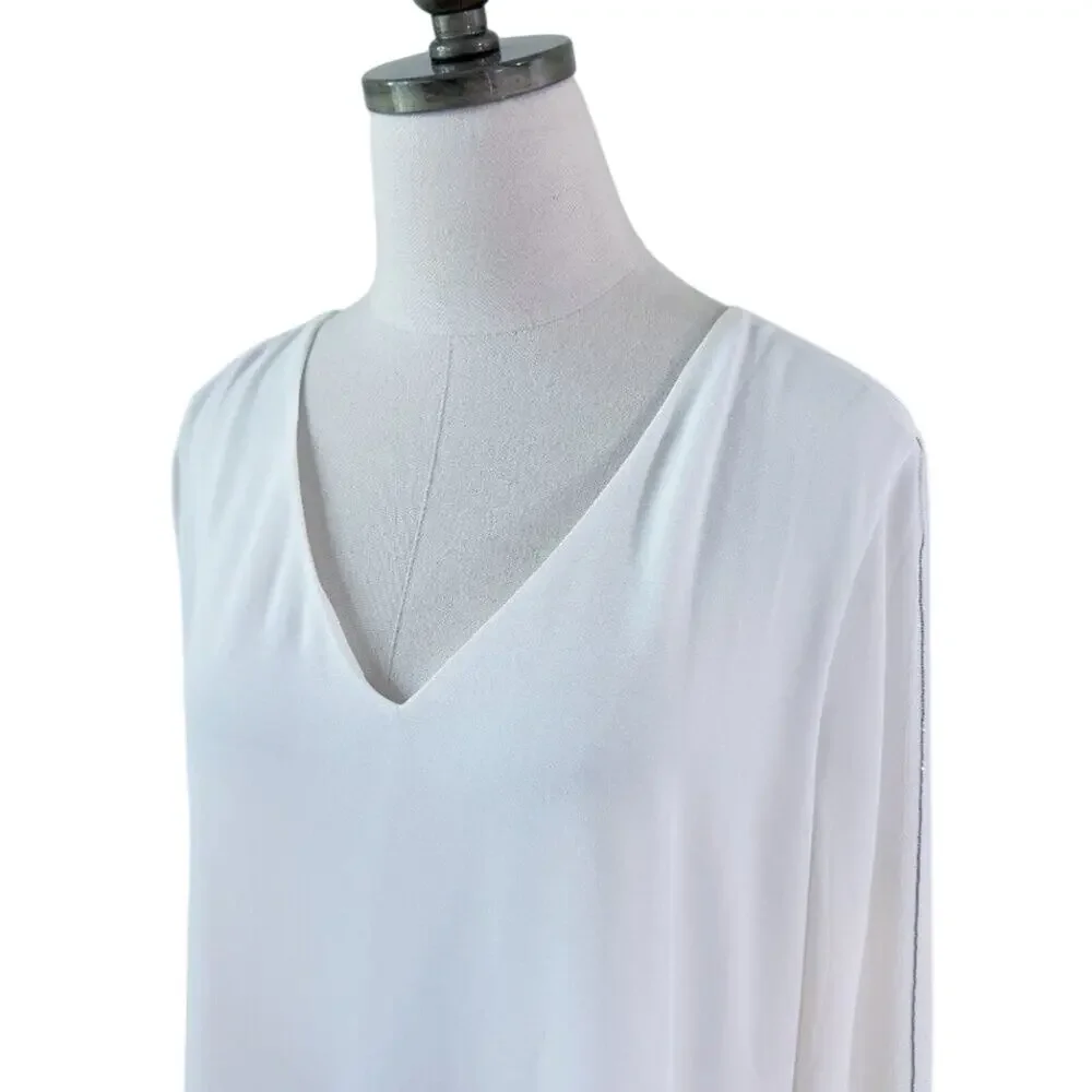 NWT WHBM Cream Long Sleeve Blouse Size Large V-Neck Button Detail 100% Polyester - Picture 3 of 10